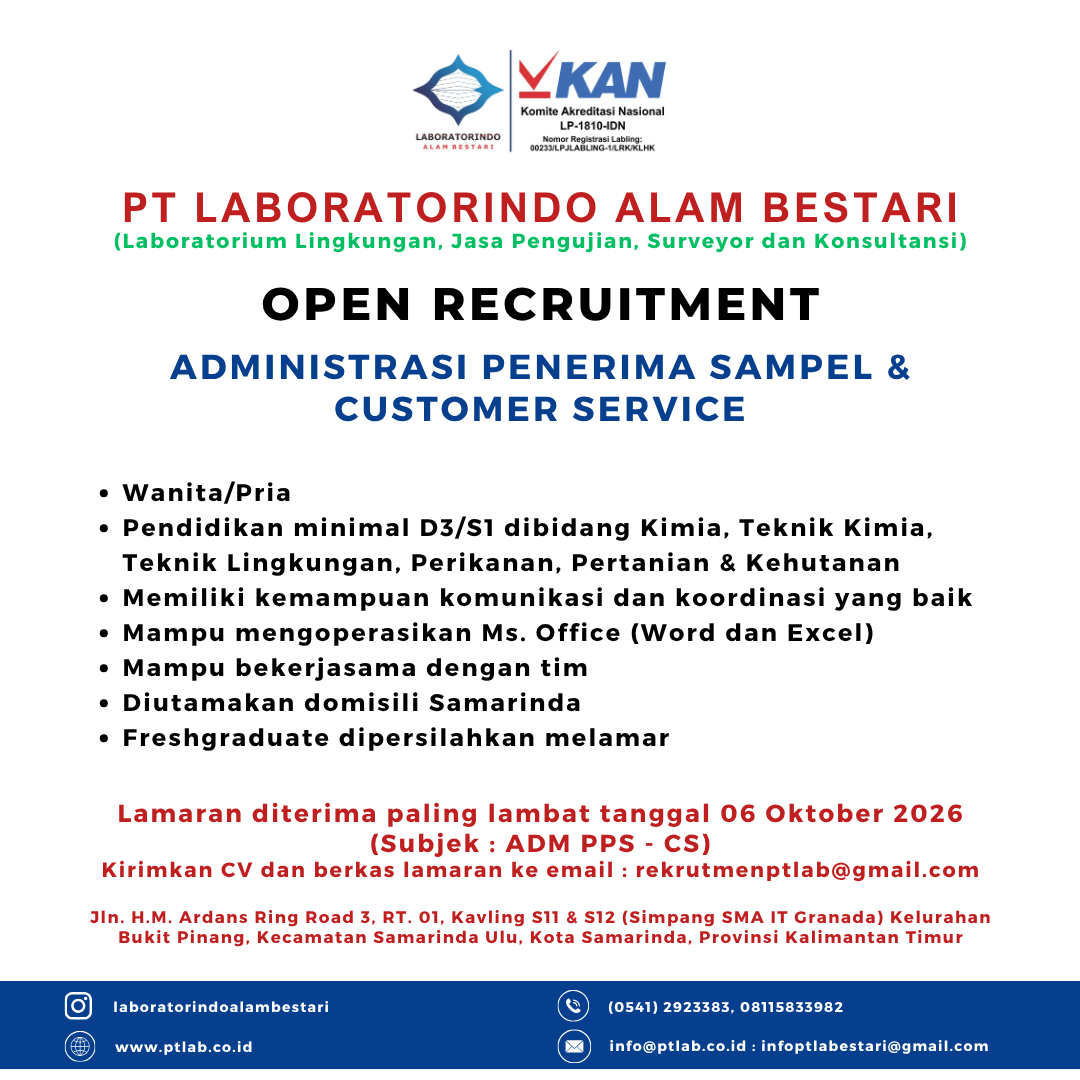 Gambar lowongan kerja - Open Recruitment Administrasi & Costumer Service - PT Laboratorindo Alam Bestari